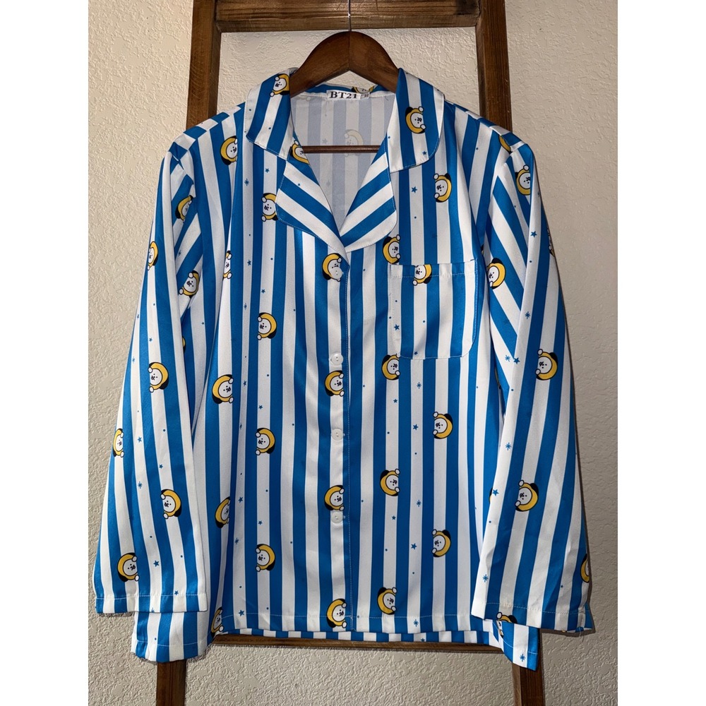 BT21 Chimmy Pajama Top XL Blue White Striped BTS Character Sleep Shirt Button Up